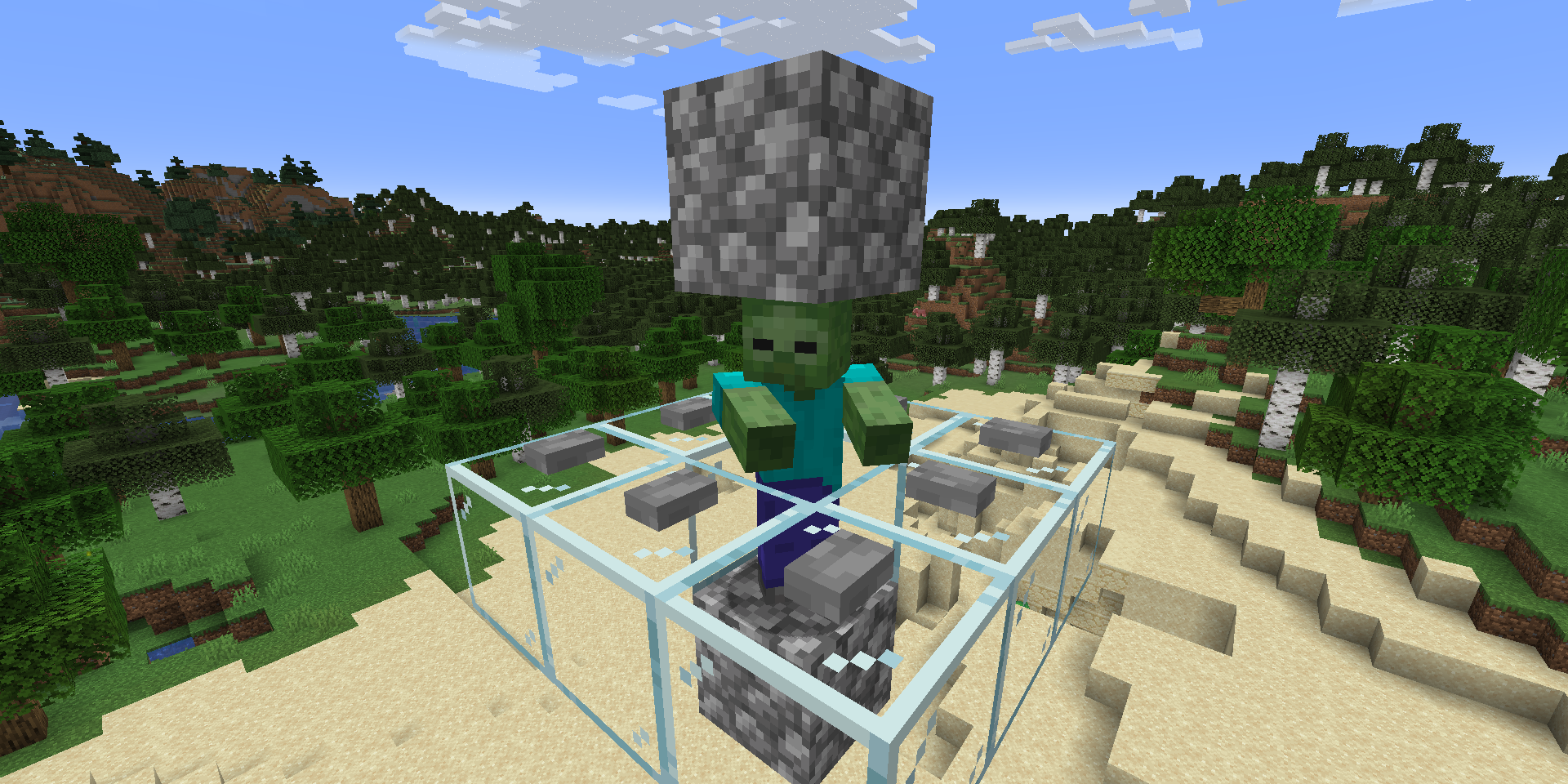 A trapped Minecraft zombie surrounded by glass, cobblestone, and buttons