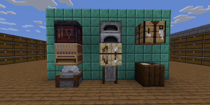 A smithing table, furnace, crafting table, loom, fletching table, stonecutter, grindstone, and cartography table