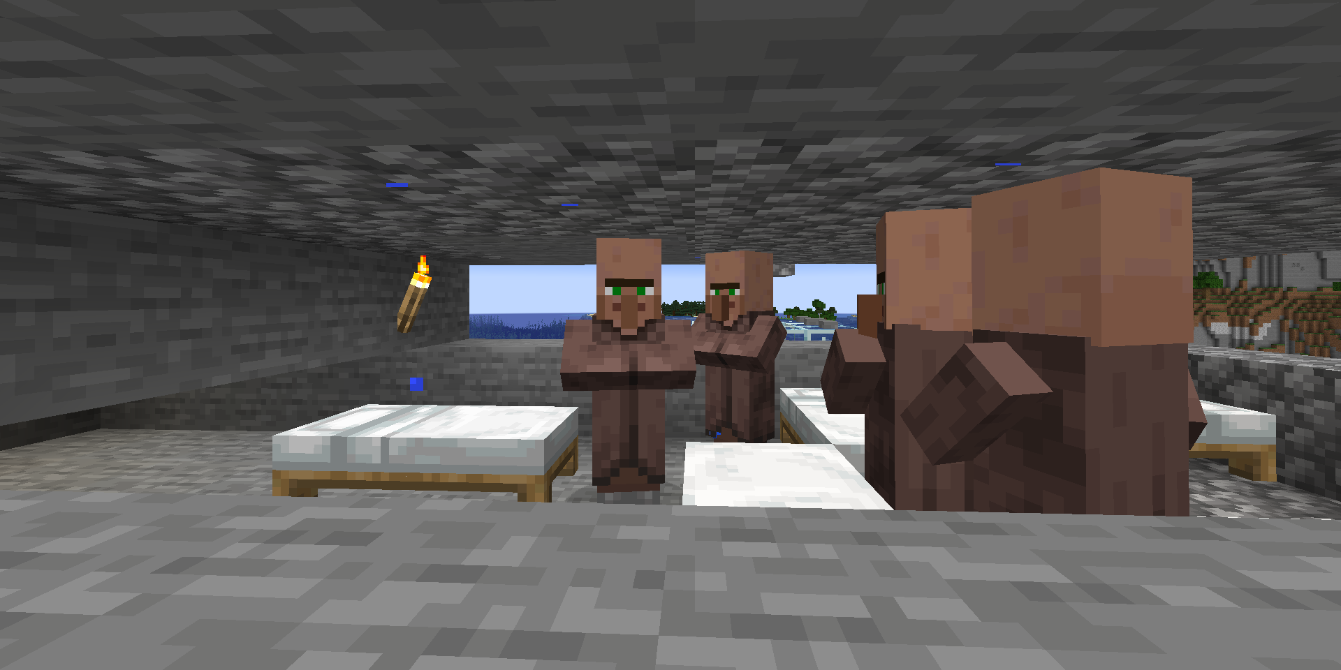 Minecraft villagers trapped in a stone box with beds