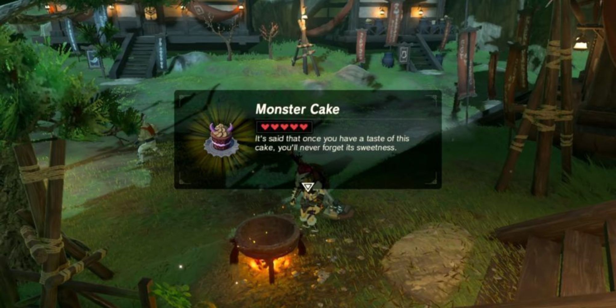 The description of a monster cake after using a pan to bake one in Breath of the wild