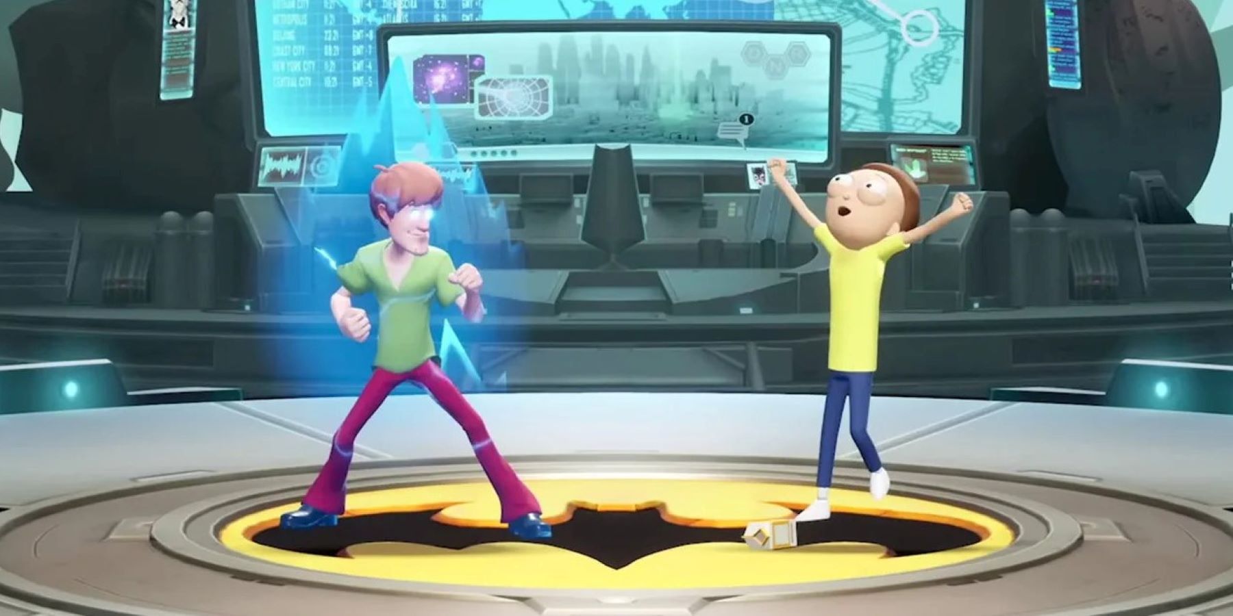 Shaggy Rogers and Morty Smith on the MultiVersus Batcave stage