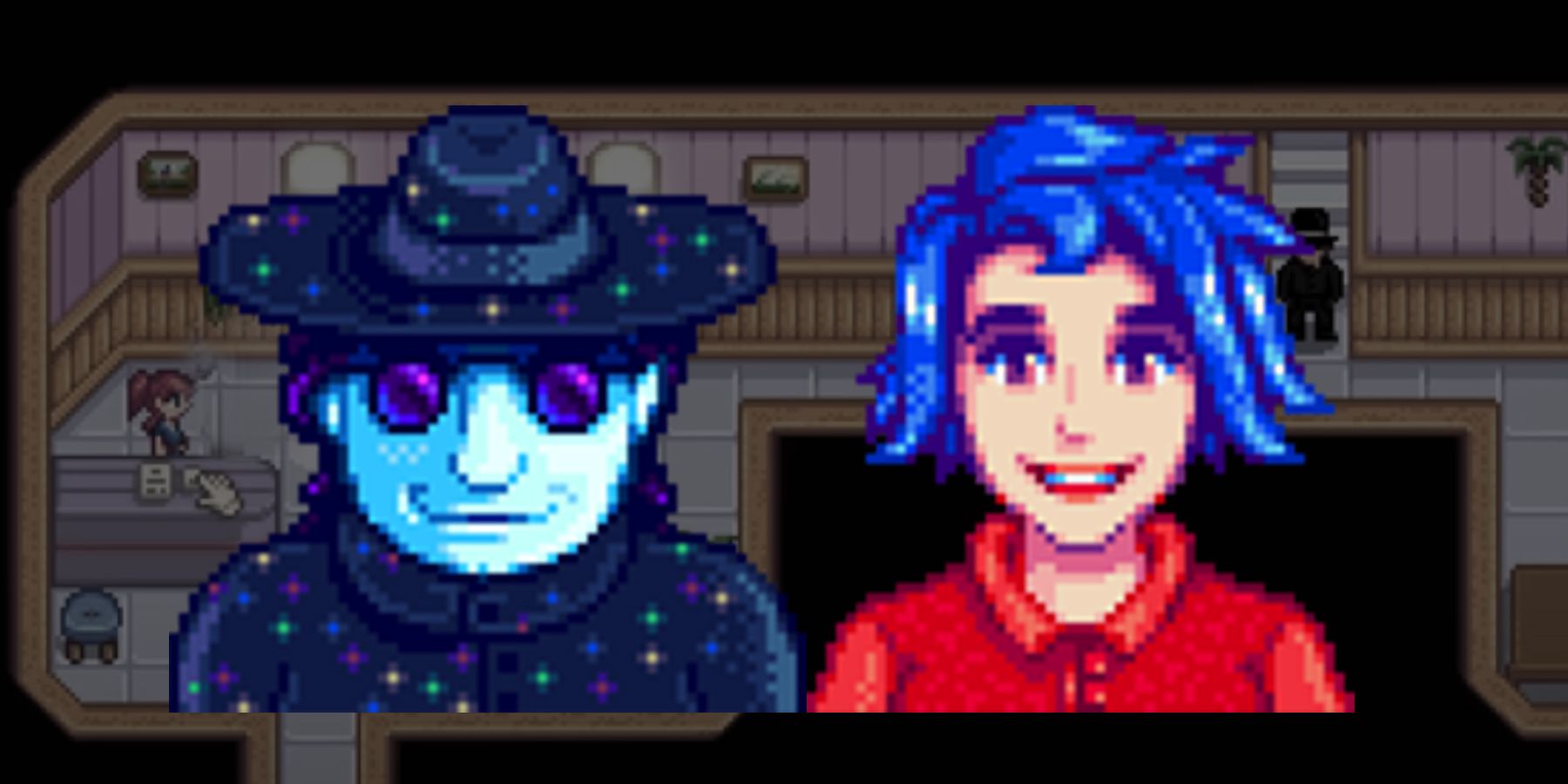 Mr Qi and Emily, Sandy's closest contacts in Stardew Valley