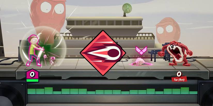 Multiversus - Morty Charging Power Of Earth Move Against Taz With Make It Rain Dog Perk PNG On Top