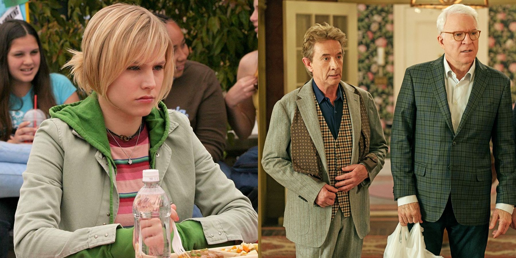 Split image of Kristen Bell on Veronica Mars and Martin Short and Steve Martin on Only Murders In The Building