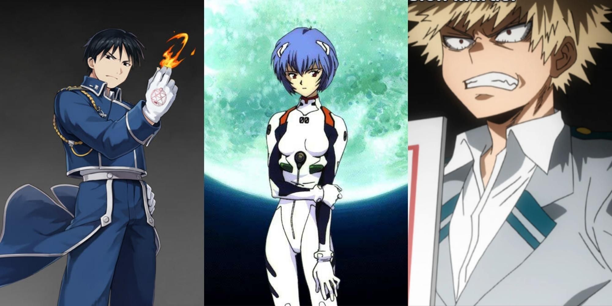 Mustang in Fullmetal Alchemist Brotherhood, Rei in Neon Genesis Evangelion, Bakugo in My Hero Academia