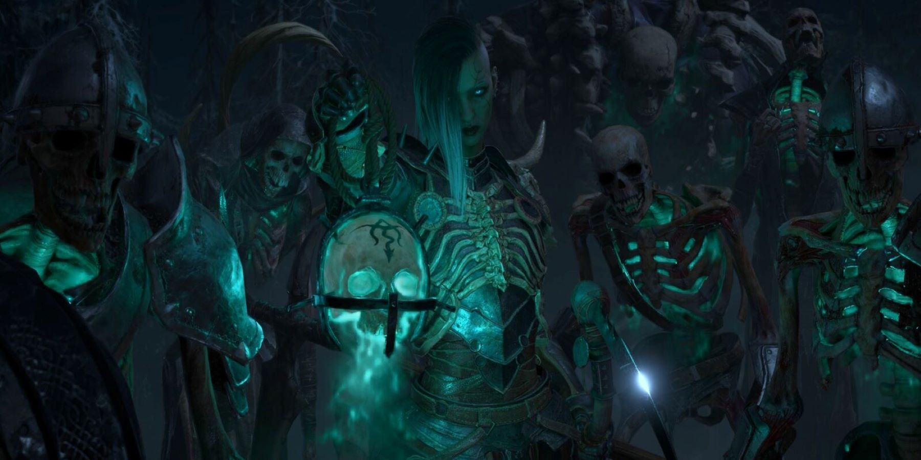 The Diablo 4 female Necromancer surrounded by skeleton minions