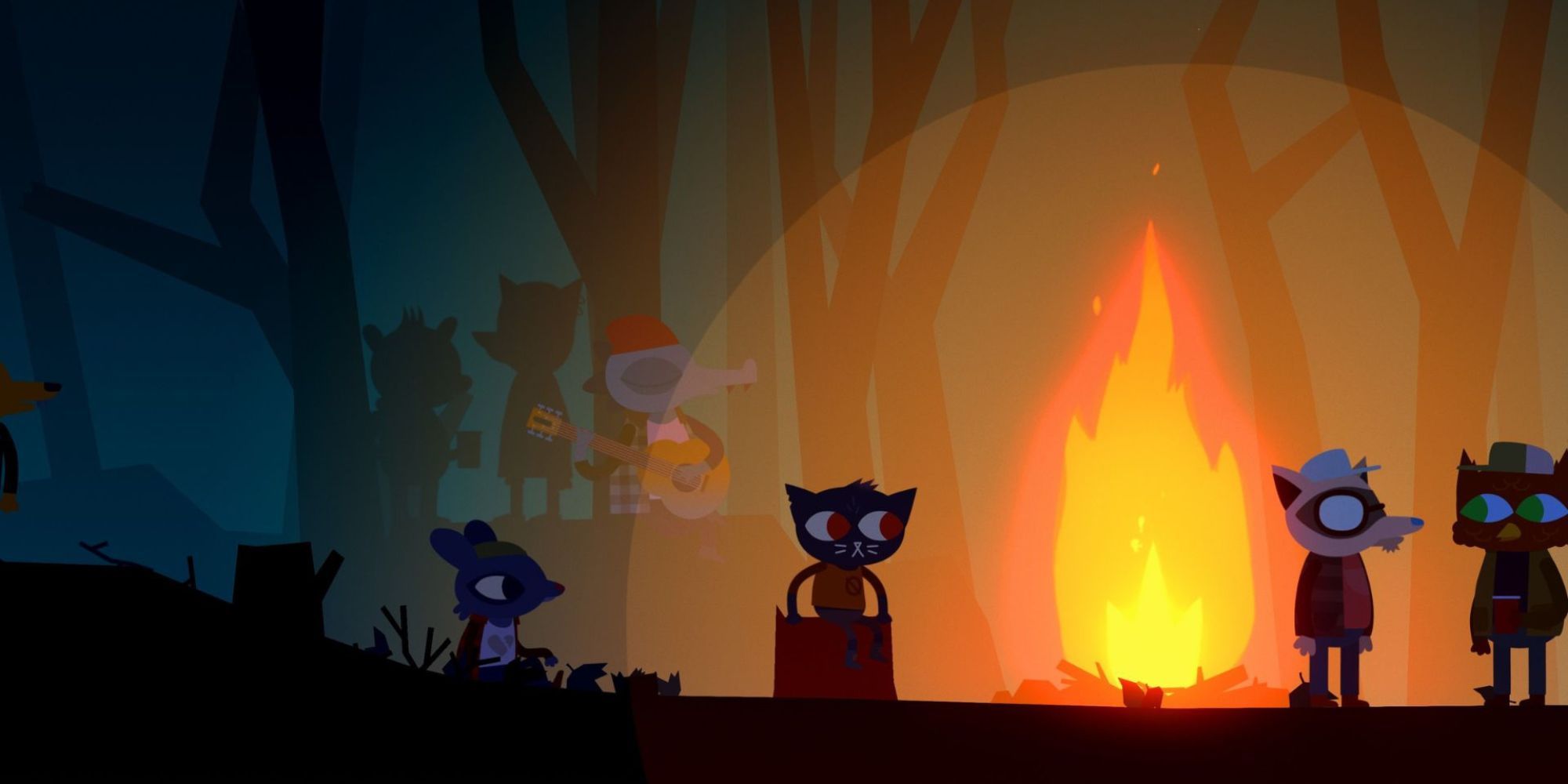 The player surrounded by NPCs around a fire in Night in the Woods