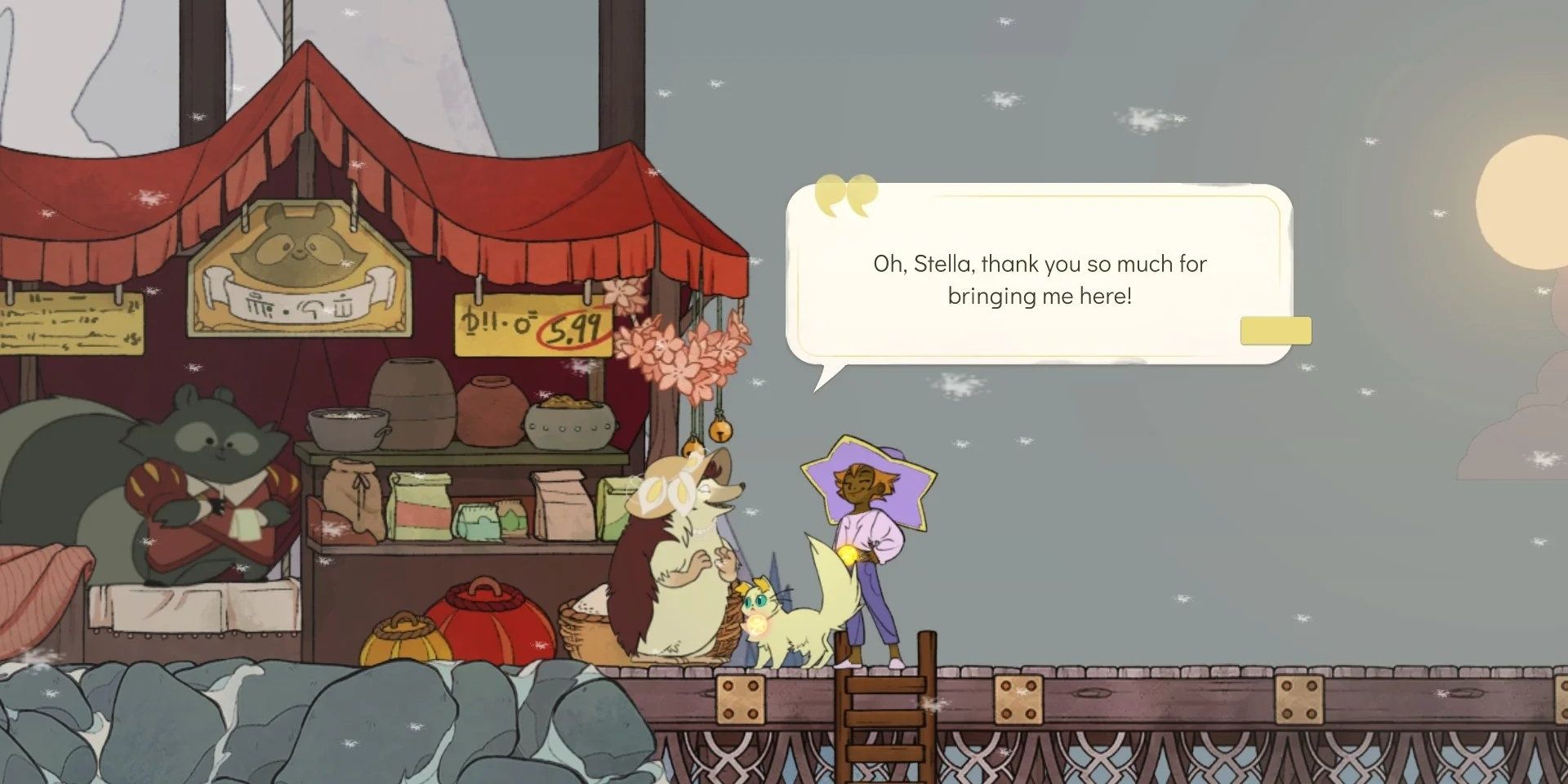 The player talking to the character Alice in front of the merchant in Nordweiler in the game Spiritfarer