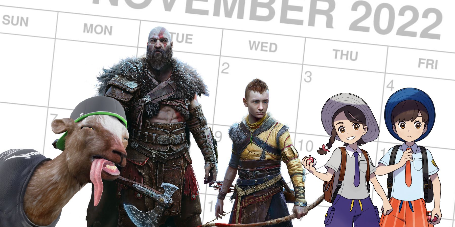 Games Releasing in November 2022, including God of War Ragnarok, Goat Simulator 3, and Pokemon Scarlet and Violet