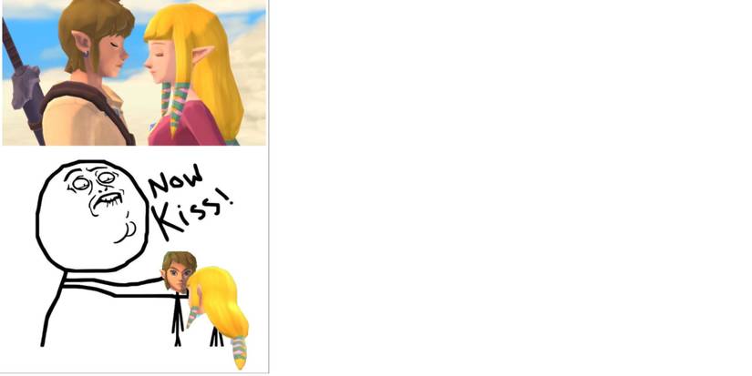 Top - Link and Zelda standing next to each other with their eyes closed, Bottom - Person pushing to toy sized versions of them together and saying "Now Kiss!"