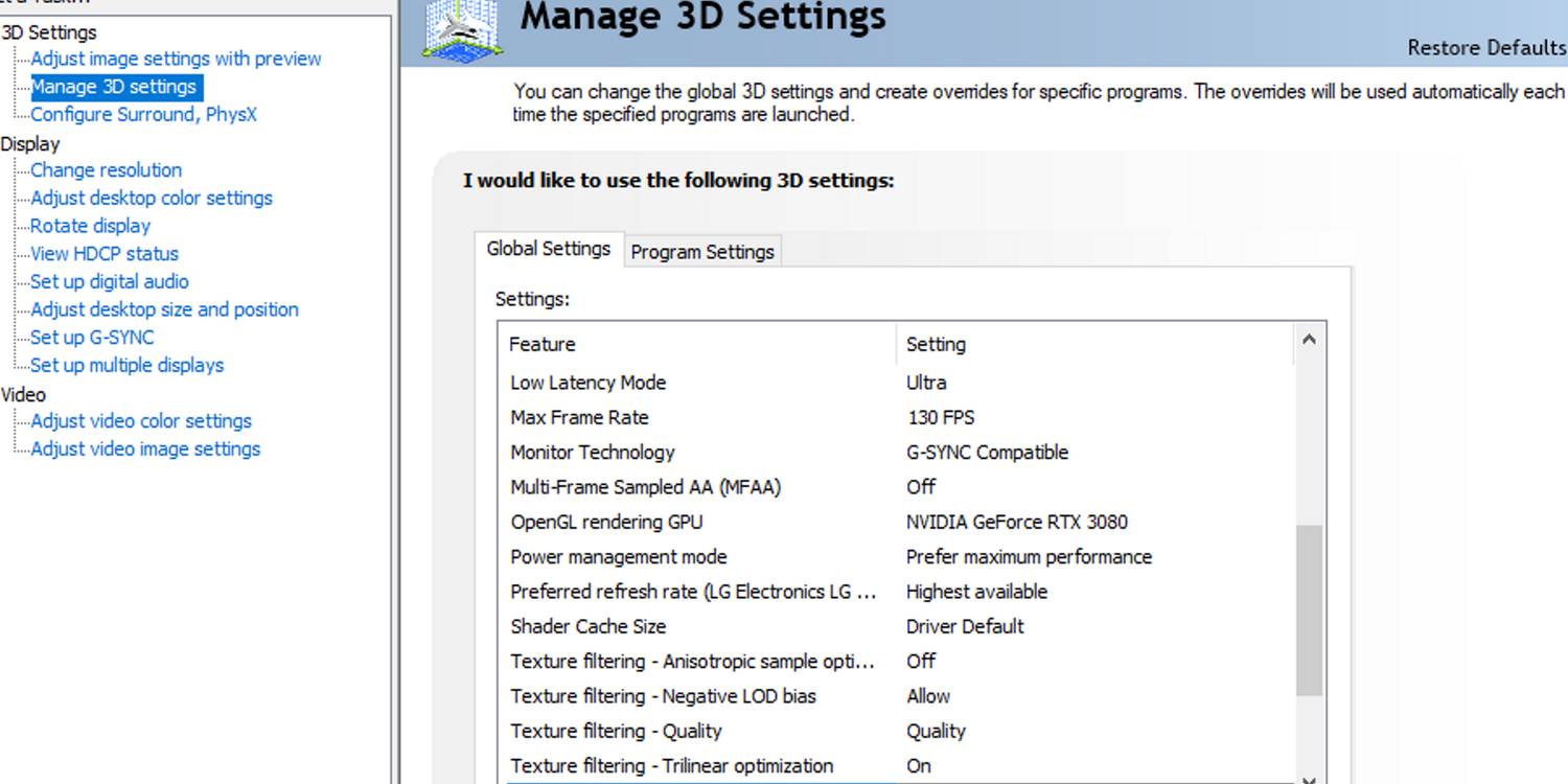 Nvidia Control Panel optimized settings list