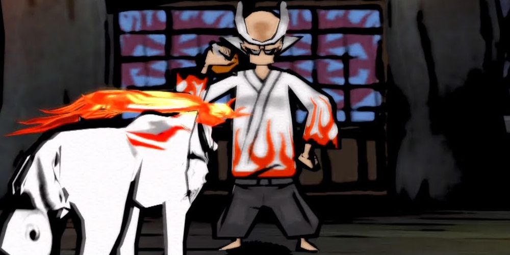 Onigiri-Sensei (center) in a white shirt with a red flame pattern and dark gray pants, speaking to Amaterasu the wolf (left). Image source: Olizandri on YouTube