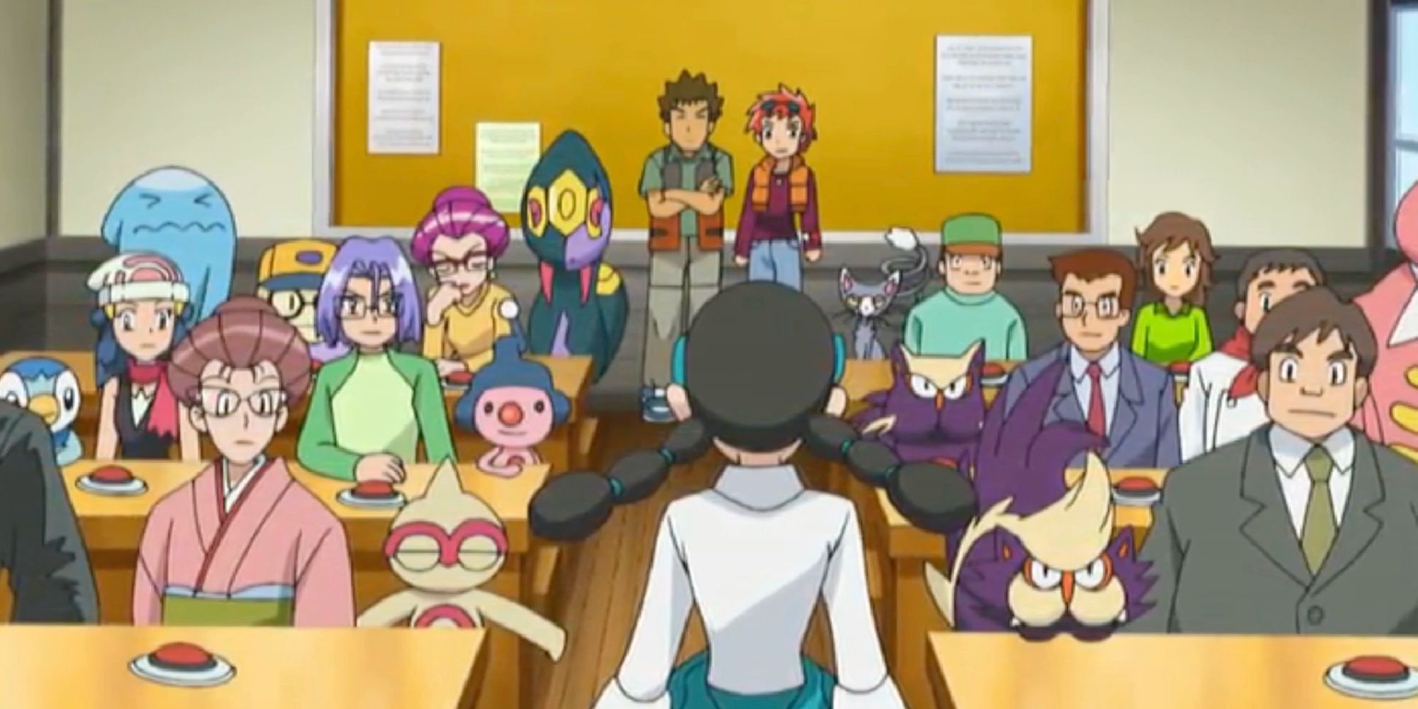 A Pokemon classroom in the anime with Dawn, Jessie, James, and Brock attending