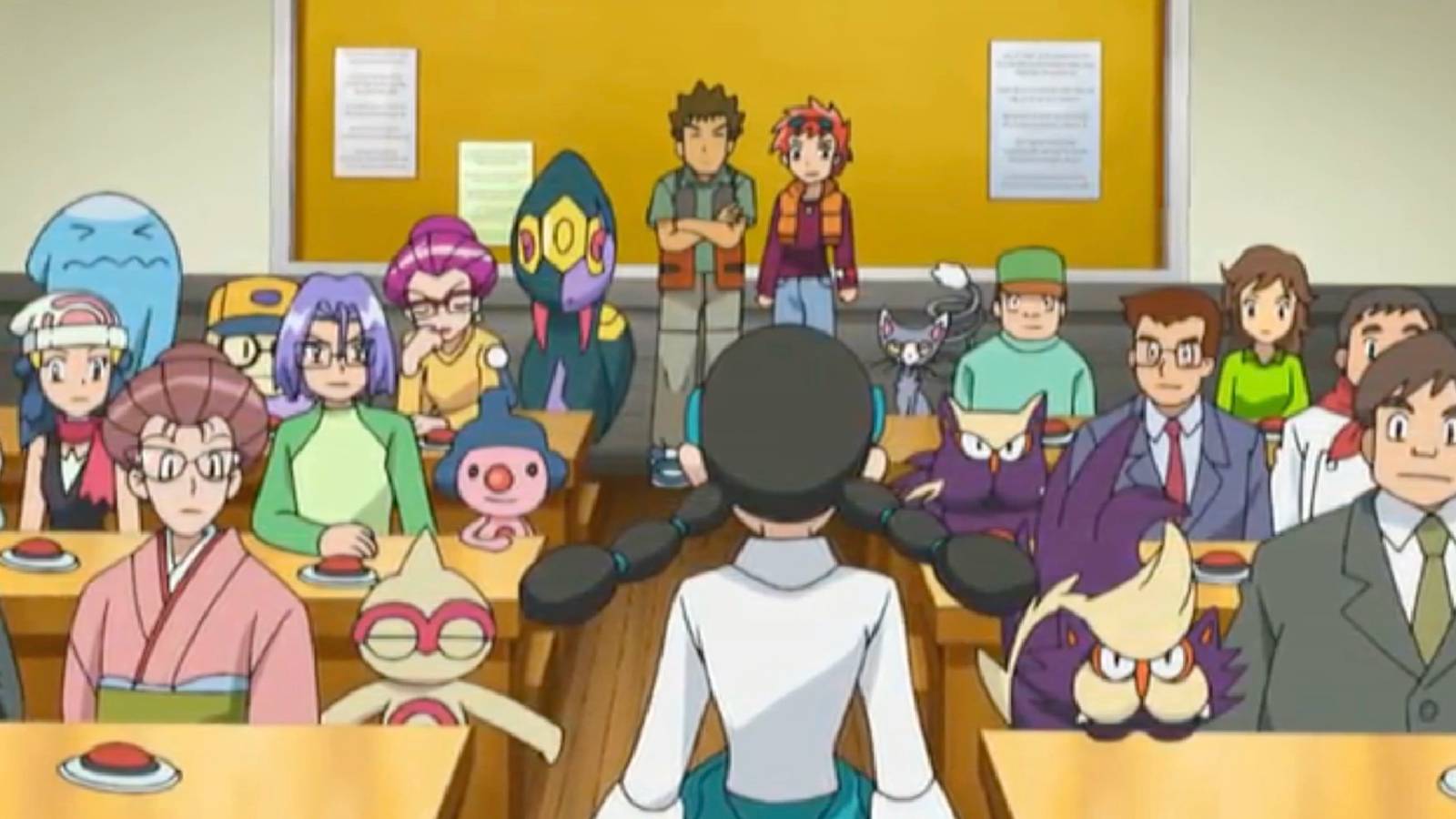 A Pokemon classroom in the anime with Dawn, Jessie, James, and Brock attending