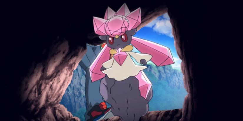 Diancie in a cave entrance in a Pokemon movie