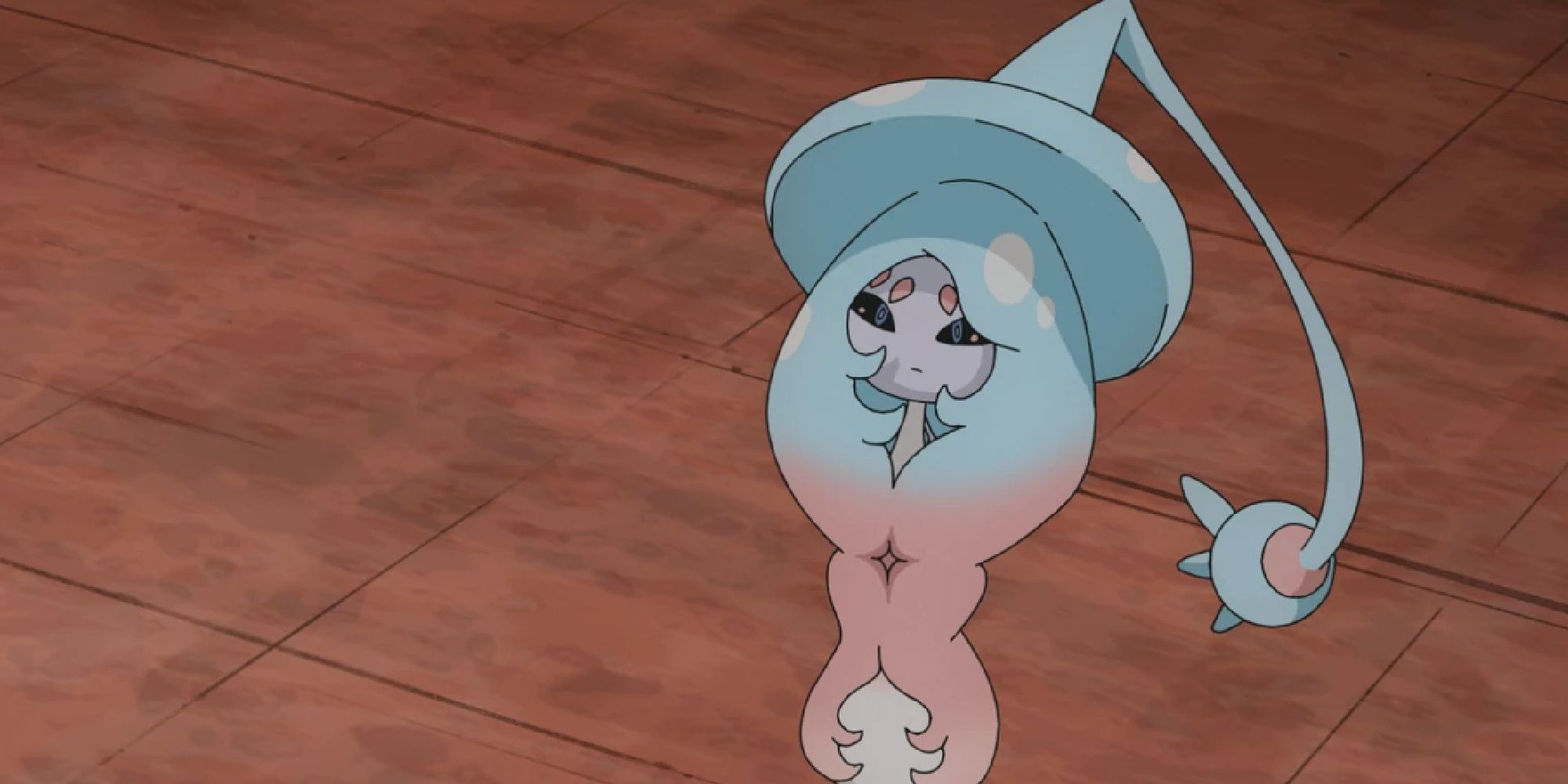 Hatterene looking up in the Pokemon anime