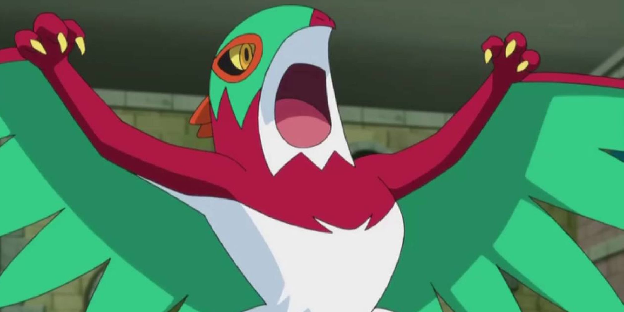 Hawlucha spreading its wings in the Pokemon anime