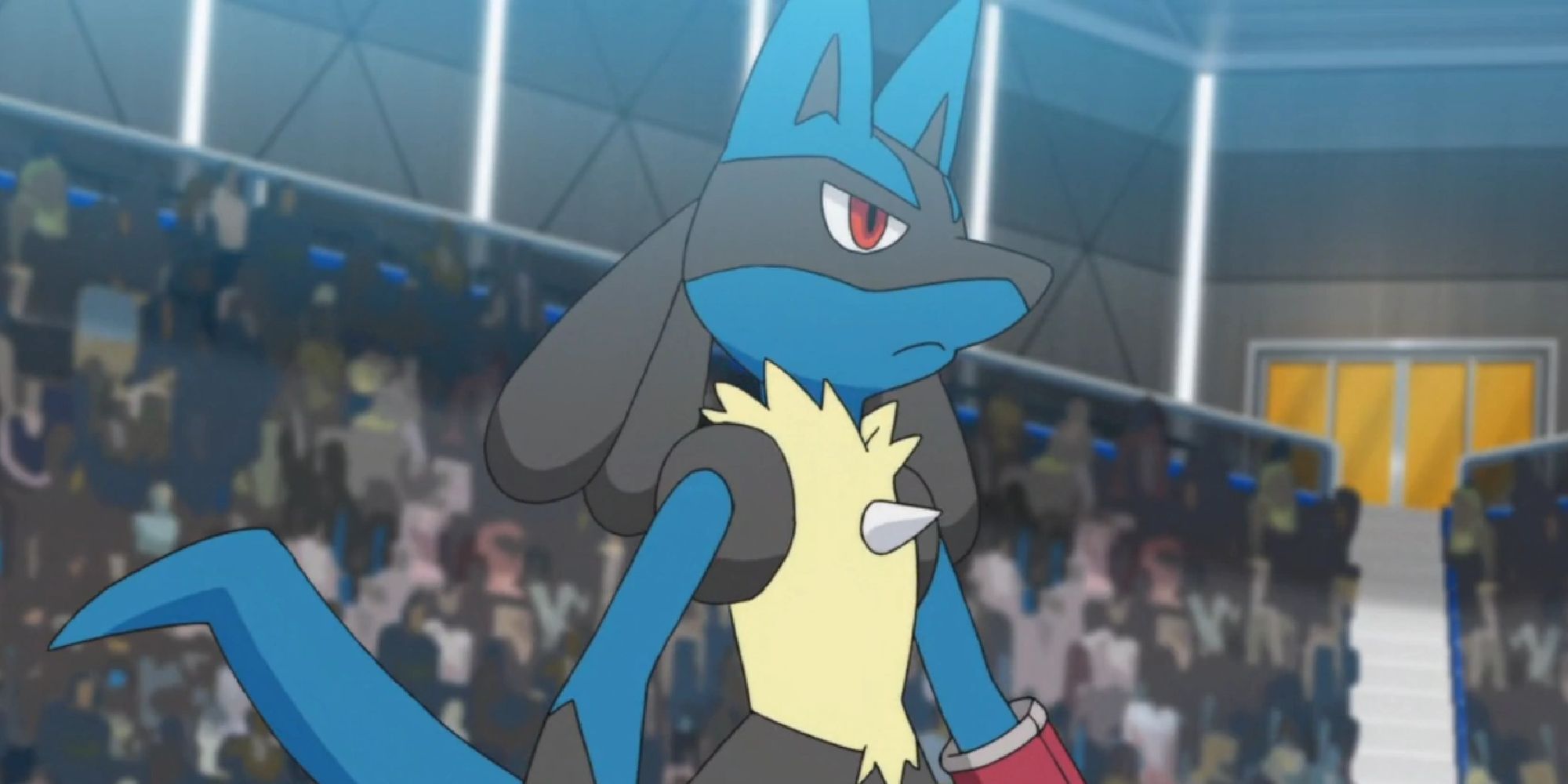 Lucario in a stadium in the Pokemon anime