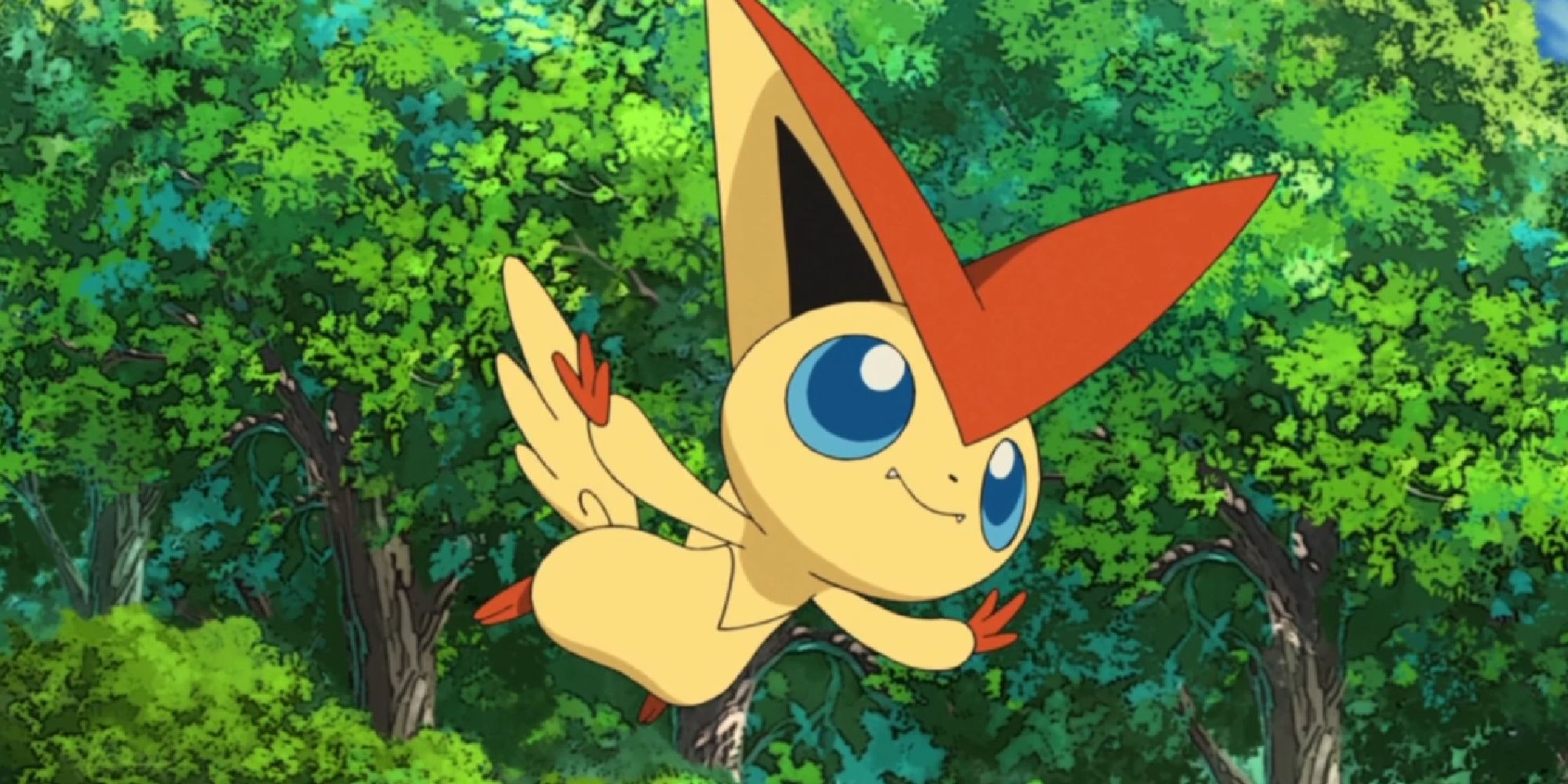 Victini flying in a forest in a Pokemon movie