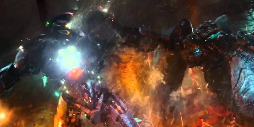 Gipsy Danger about to punch a Kaiju in Pacific Rim