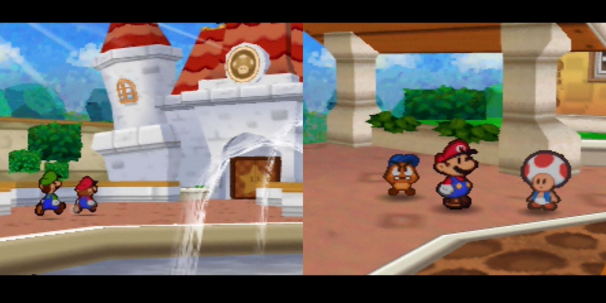 Left - Mario and Luigi headed to Peach's Castle, Right - Mario and Goombario arriving at toad town