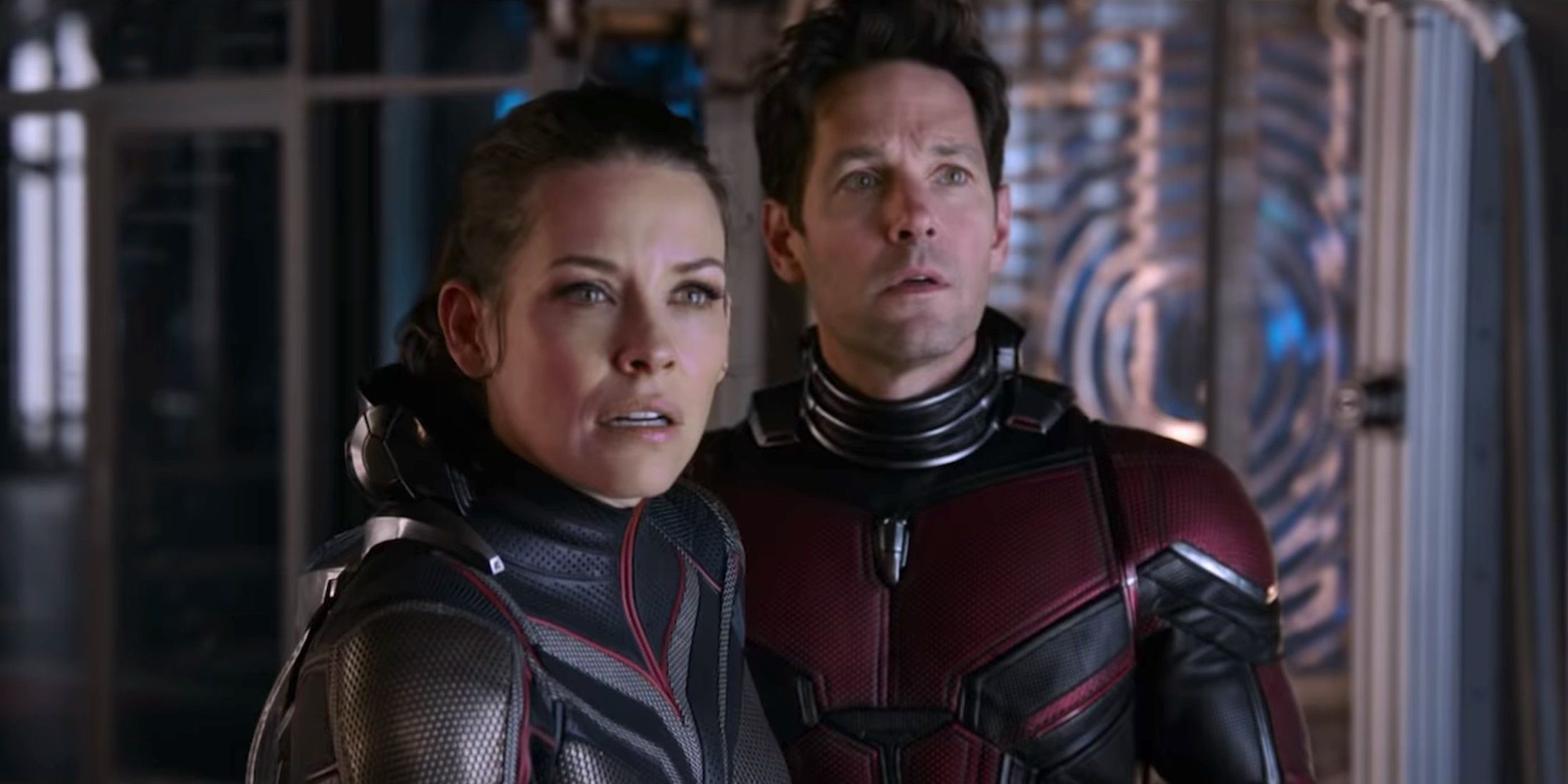 Paul Rudd and Evangeline Lilly in costume in Ant-Man and the Wasp
