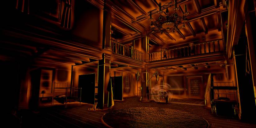 A room is covered in golden light caused by the echolocation from a stereo in Perception 