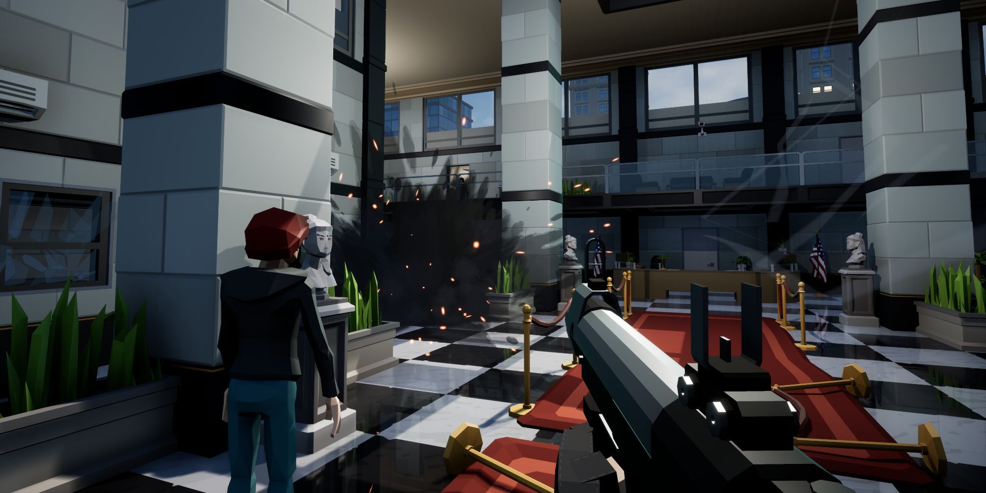 Shotgun shooting into distance with person next to blast in Perfect Heist 2