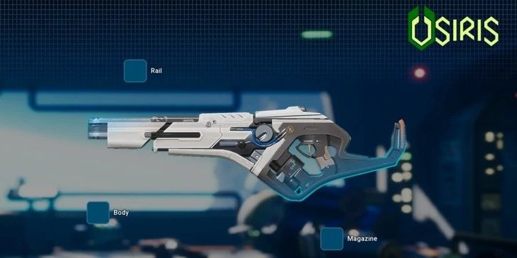 The Phasic Lancer sniper rifle from The Cycle: Frontier, the Osiris faction logo is in the top right corner