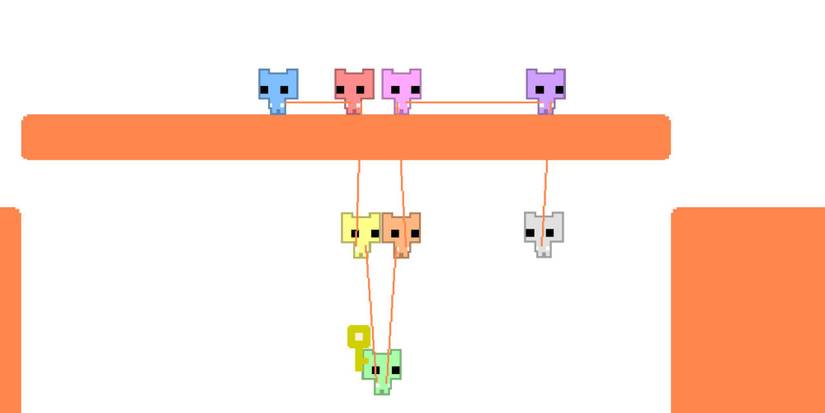 Eight players using eachother to find a key in Pico Park