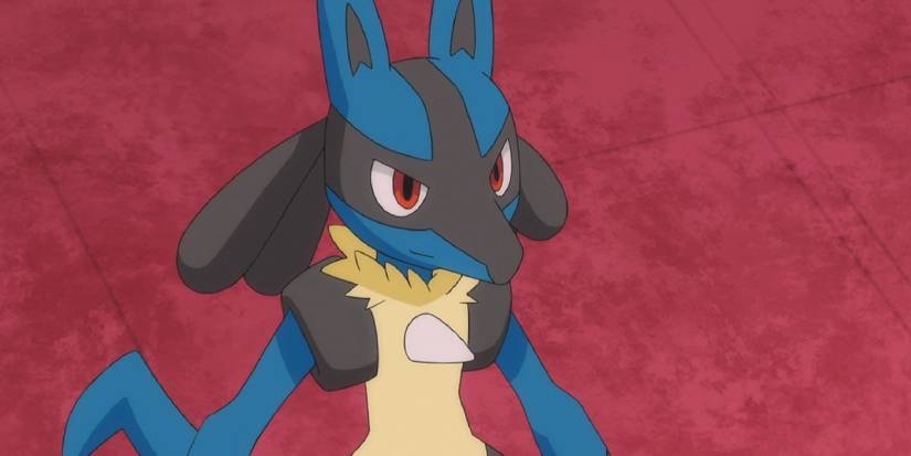 Lucario smiling in the Pokemon anime