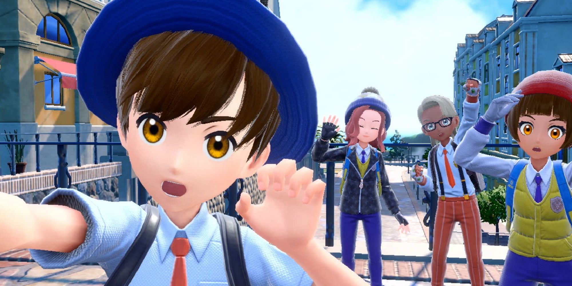 A male player taking a selfie of themselves with three other players in Scarlet & Violet