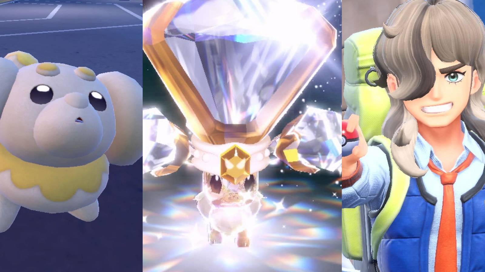 Fidough in Pokemon Scarlet & Violet; A Terastallized Eevee; Arven holding a Poke Ball in Scarlet & Violet