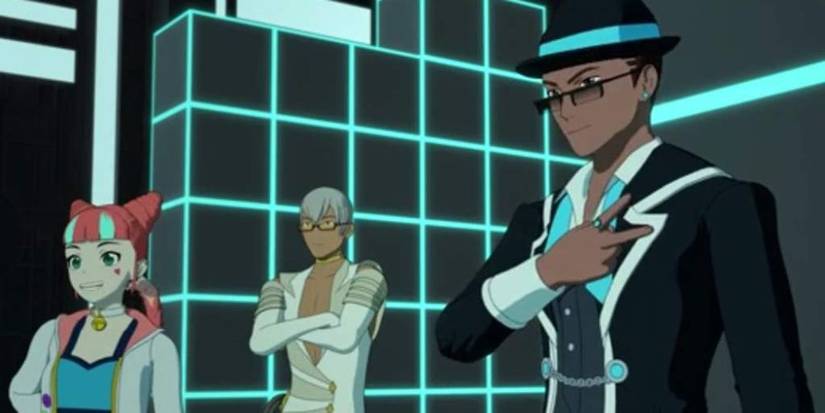 Neon, Ivori and Flynt from RWBY standing in a black and blue simulation room