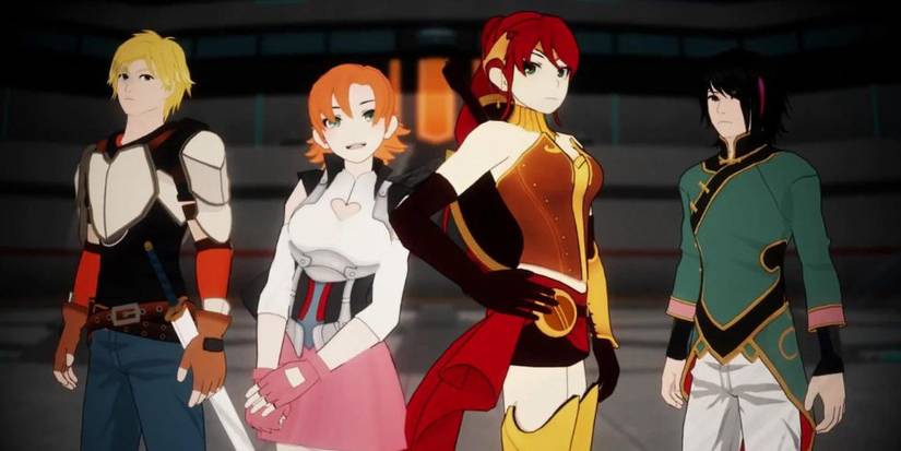 Jaune, Nora, Pyrrha and Ren from RWBY posing in a dark, metal room