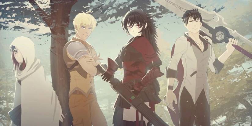 Summer, Taiyang, Raven and Qrow from RWBY posing with weapons in front of a tree