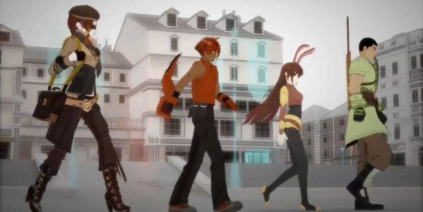 Coco, Fox, Velvet and Yatsuhachi from RWBY walking through a grey city