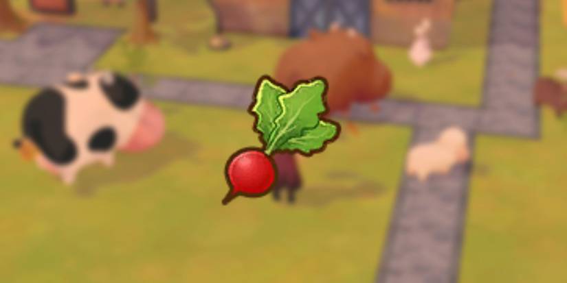 Radish icon as it would be seen in players inventory over blurred background of player and cows in game