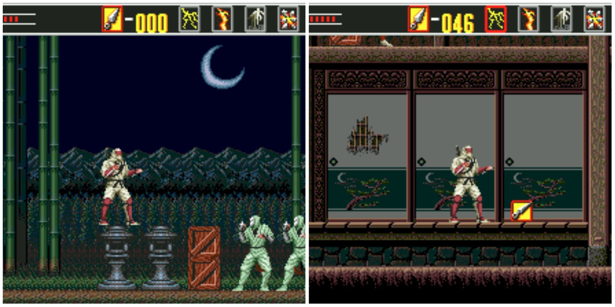 Left - Outdoors, 2 enemy ninjas and a crescent moon, Right - Indoors, standing in front of a power up