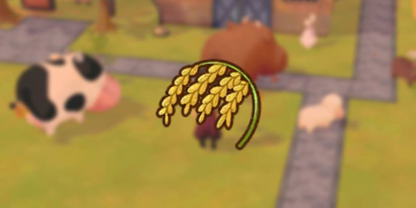 Rice icon as it would be seen in players inventory over blurred background of player and cows in game