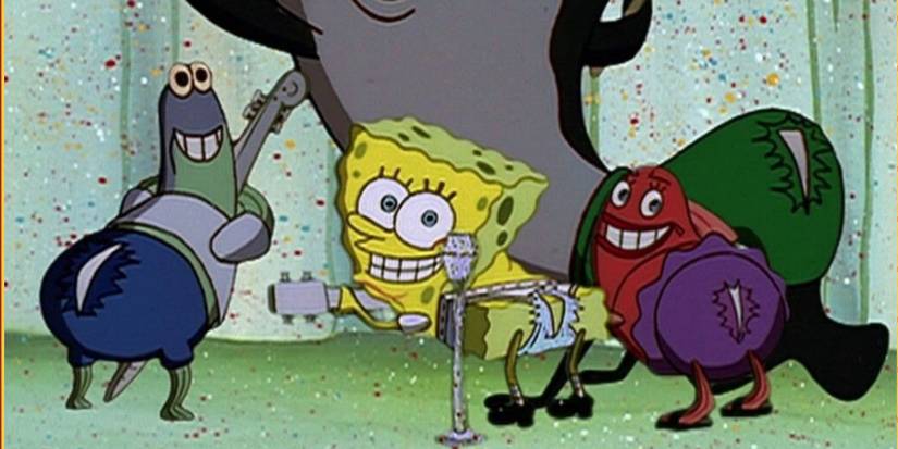 SpongeBob (Center), holding a ukulele, and other fish showing their ripped pants with smiles. Image source: TheBestWarGames.com