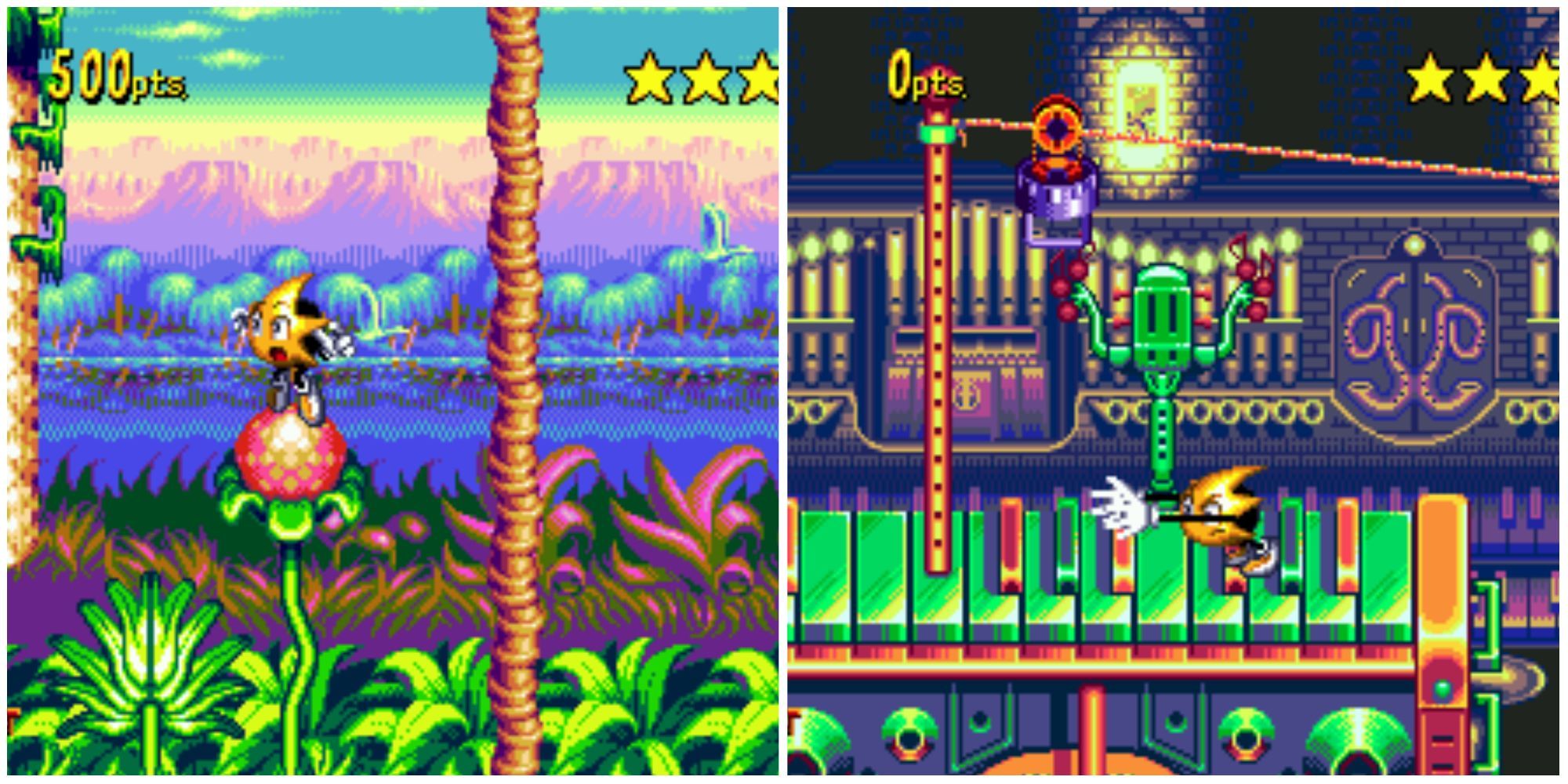 Left - Ristar jumping on a flower in a forest, Right - Ristar stretching his arms on top of a giant piano 