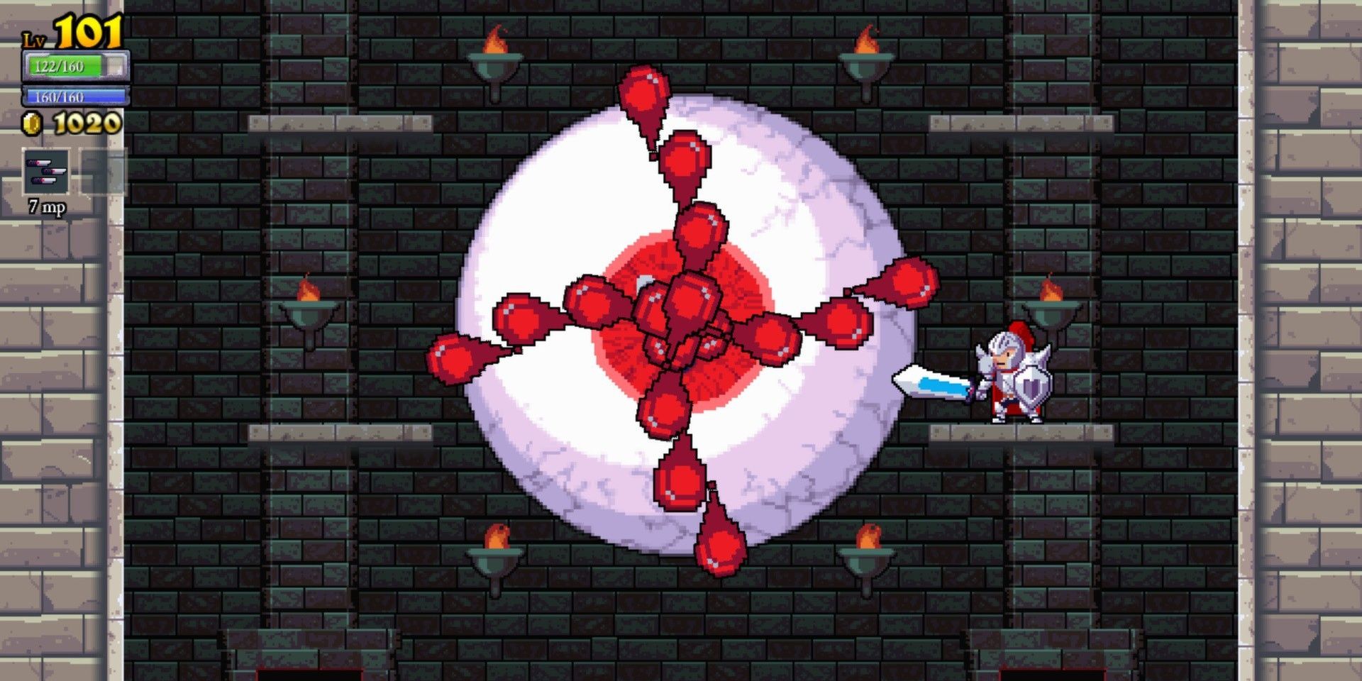 A giant eyeball spewing blood particles in Rogue Legacy