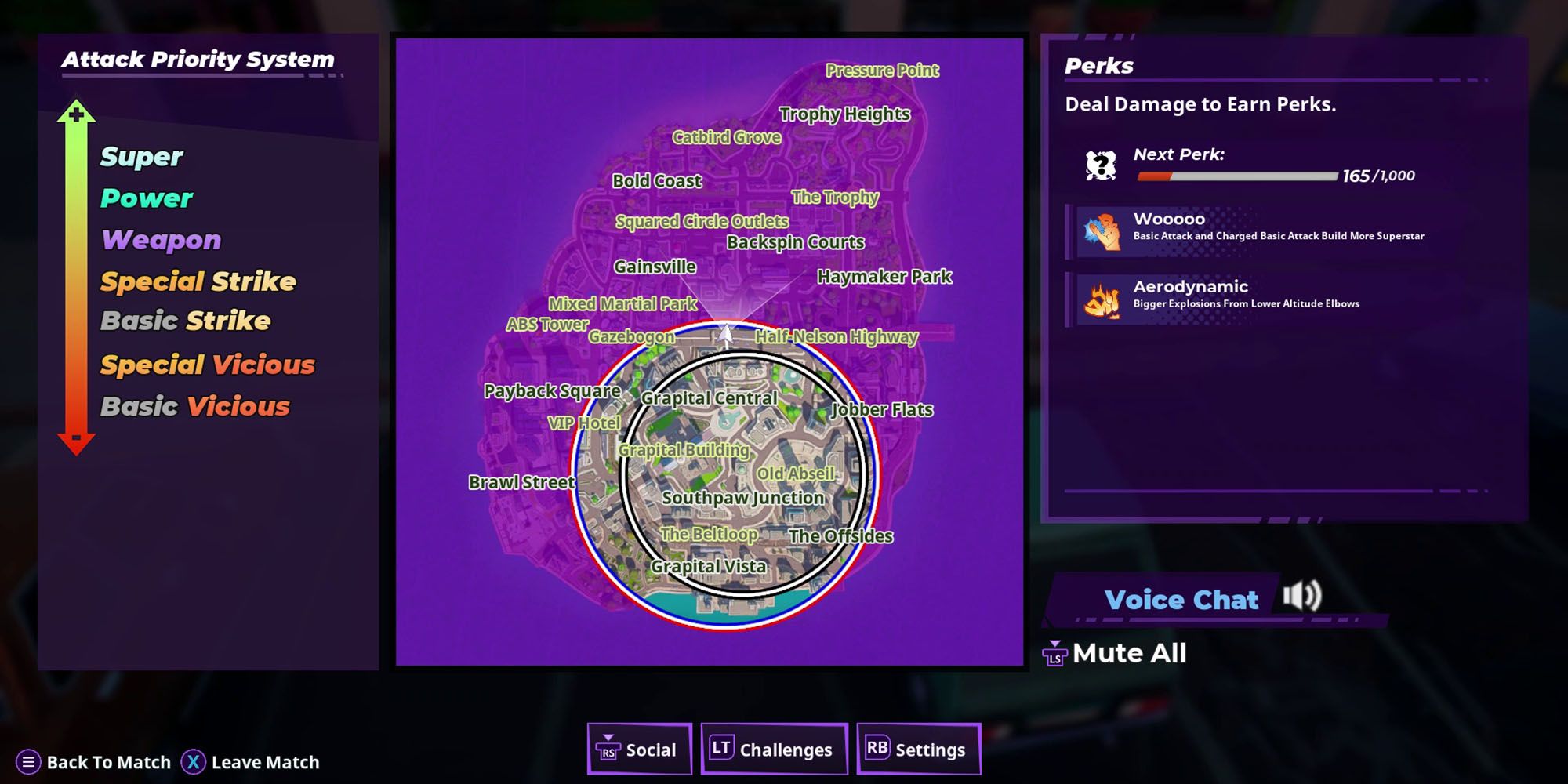 Rumbleverse - Pausing Mid-Match To Look At The Map And Perks On The Side Screen