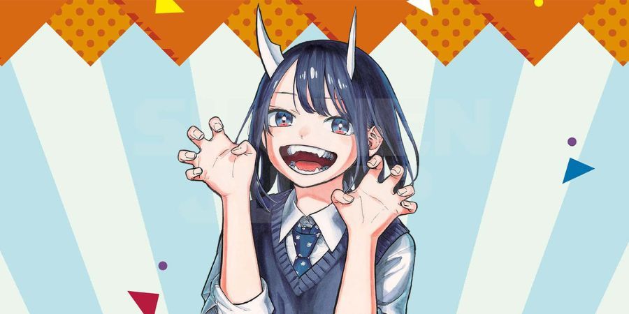 A young girl with horns happily smiling while imitating claws with her hands