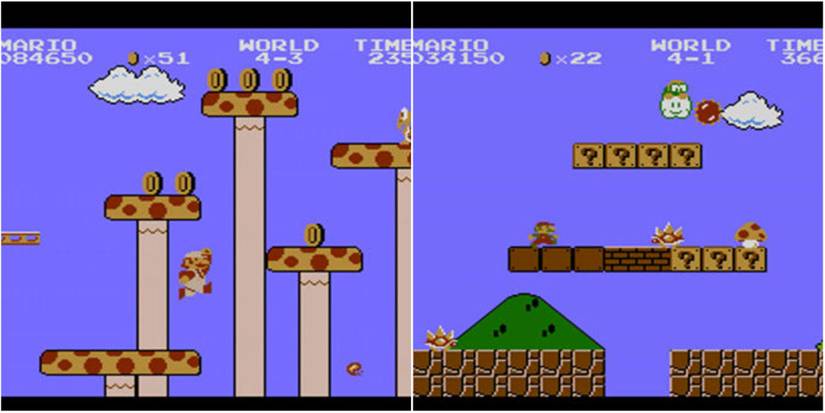 Left - Mario jumping among giant mushrooms, Right - Mario facing Lakitu and Spiniess