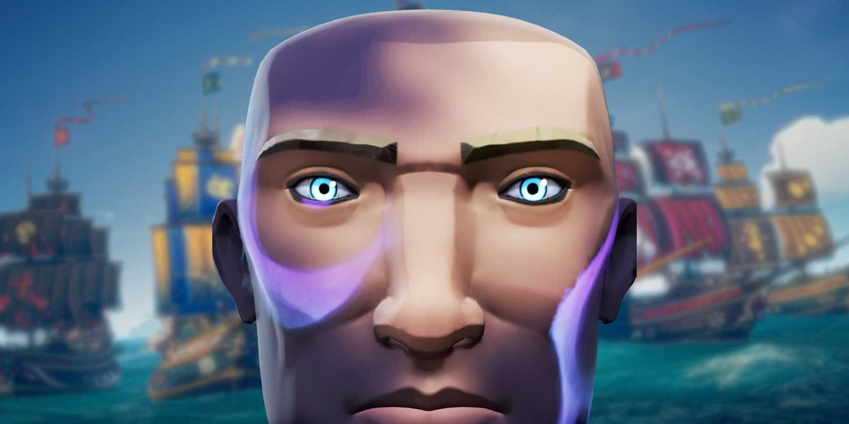 A Sea of Thieves character with light blue eyes and purple wisps on their face