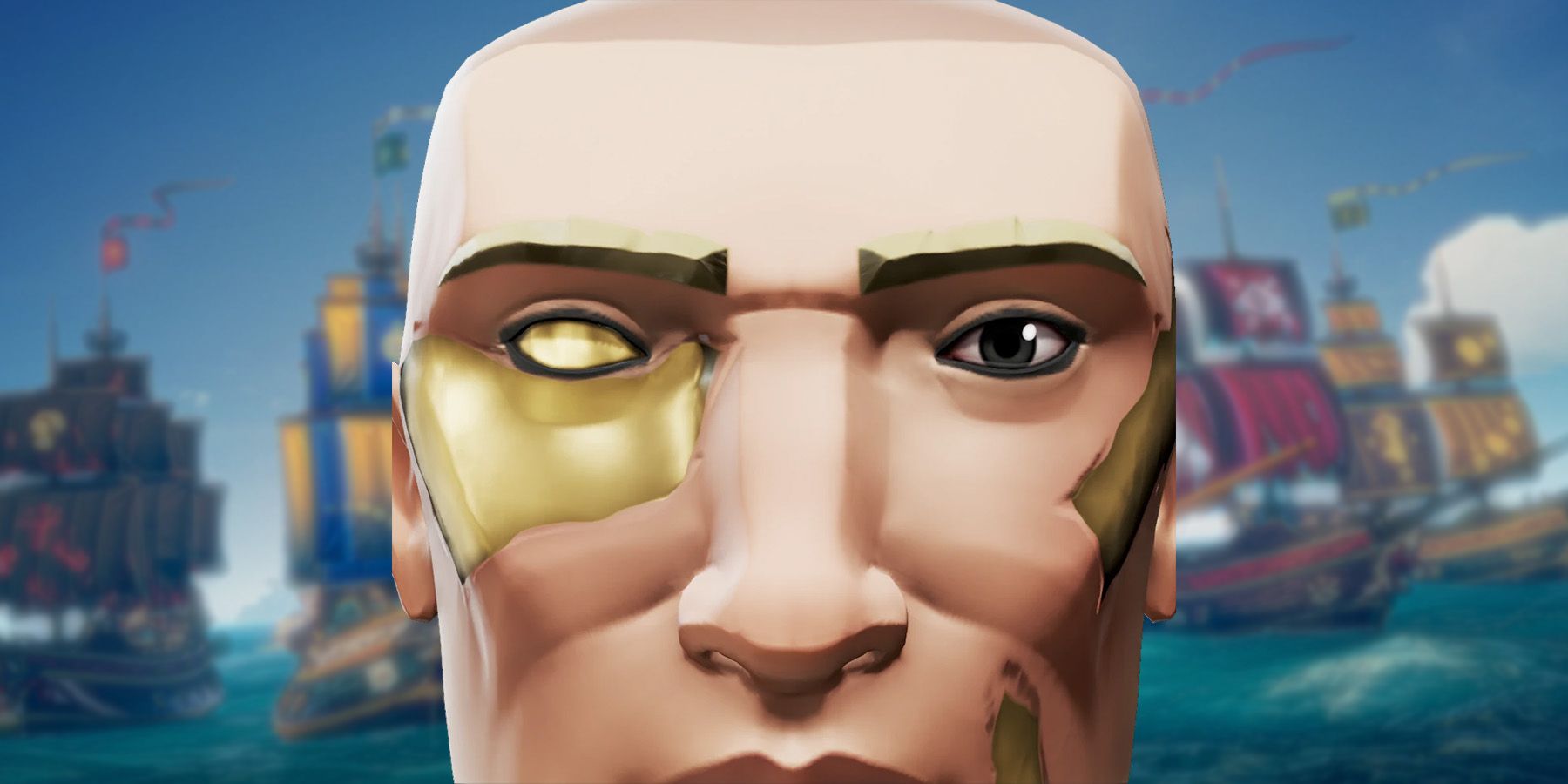 A Sea of Thieves character with a solid gold right eye and golden patches