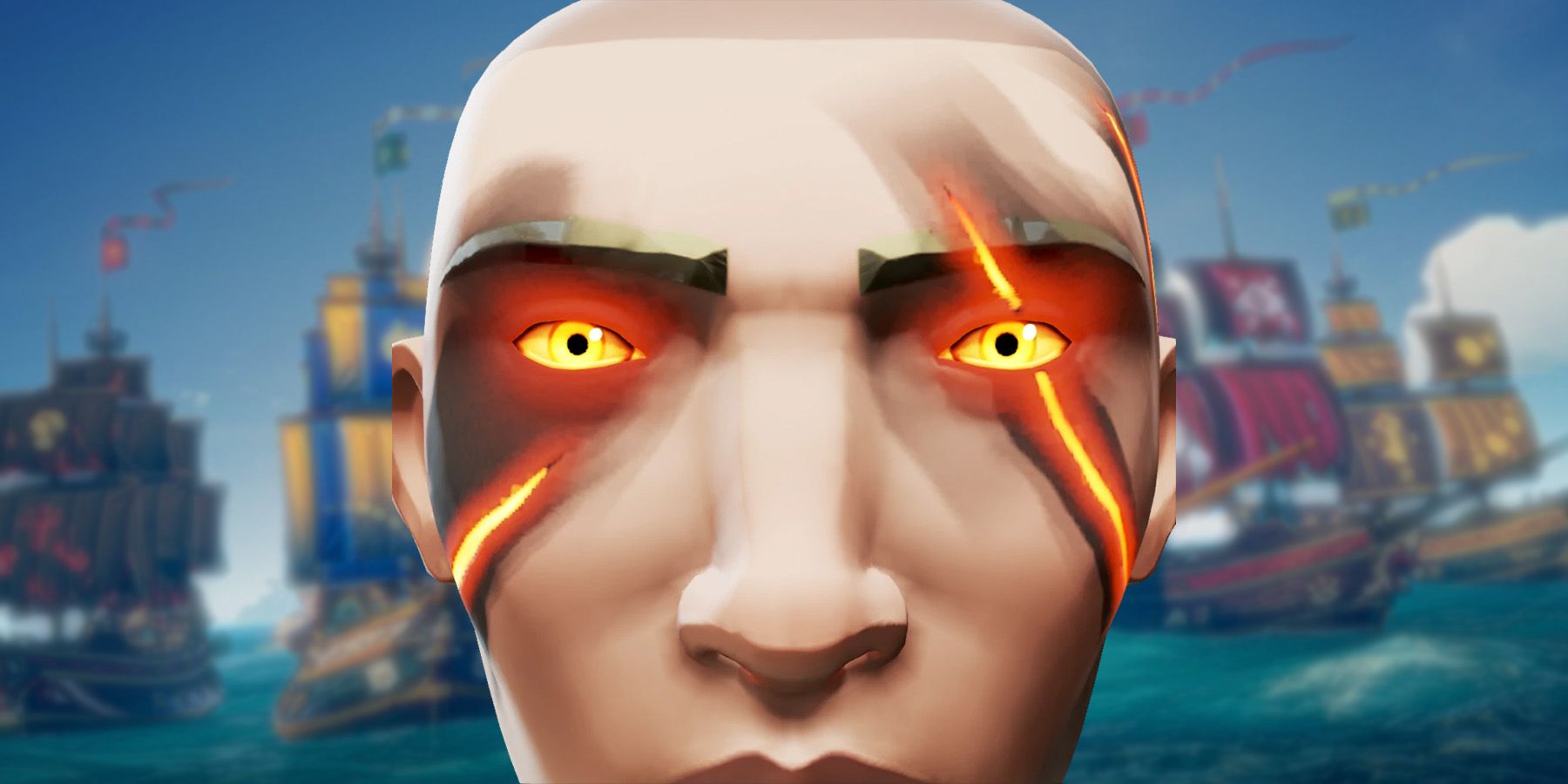 A Sea of Thieves character with glowing orange eyes, burnt marks, and flame scars