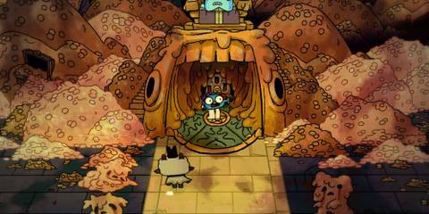 The player watching Midas turn a follower to gold in Cult Of The Lamb, surrounded by other sacrificed followers and a lot of gold coins